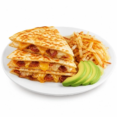 HelloFresh Breakfast Bacon Quesadilla Stacks with Poblano Hash Browns Avocado and Bacon