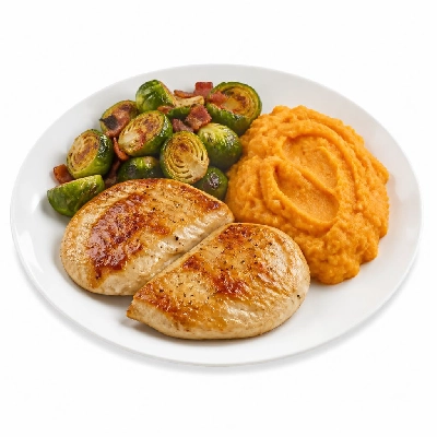 HelloFresh Butter-Basted Chicken Breasts with Candied Bacon Brussels Sprouts and Mashed Sweet Potatoes
