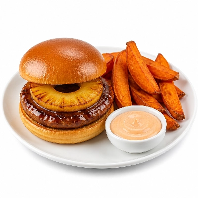 HelloFresh Caramelized Pineapple Teriyaki Burger with Sweet Potato Wedges and Sriracha Mayo