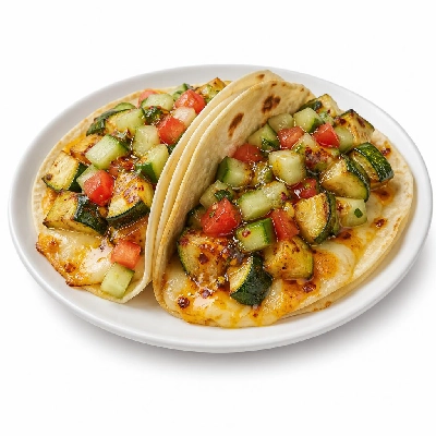 HelloFresh Cheese-Filled Mediterranean Tacos with Roasted Zucchini Cucumber Tomato Salad and Chili Honey Oil