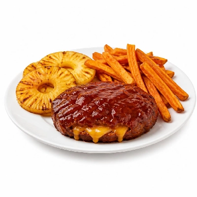 HelloFresh Cheesy Stuffed BBQ Pork Burgers with Charred Pineapple and Sweet Potato Fries