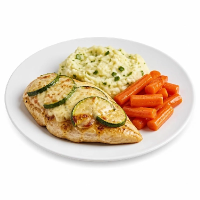 HelloFresh Cheesy Zucchini-Topped Chicken with Parsley-Mash & Honey Carrots