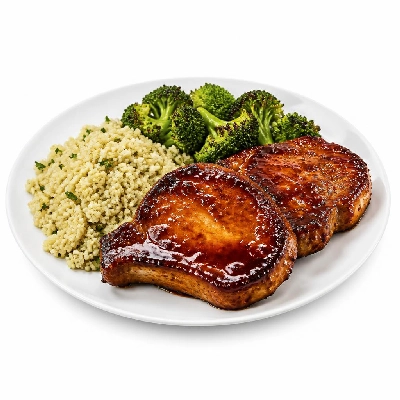 HelloFresh Cherry Balsamic Pork Chops with Garlic Herb Couscous and Roasted Broccoli