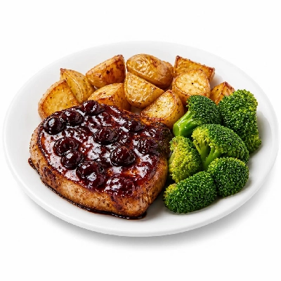 HelloFresh Cherry Balsamic Pork Chops with Thyme-Roasted Potatoes and Broccoli