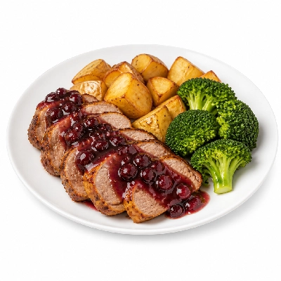 HelloFresh Cherry Balsamic Pork with Thyme-Roasted Potatoes and Broccoli