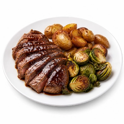 HelloFresh Cherry-Balsamic Sirloin with Herby Roasted Fingerling Potatoes and Brussels Sprouts