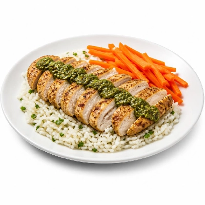 HelloFresh Chicken Cutlets with Scallion Sriracha Pesto over Cilantro Rice and Ginger Soy Carrots