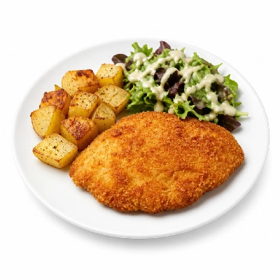 HelloFresh Chicken Milanese with Crispy Potatoes Mixed Greens and Creamy Lemon-Chive Dressing