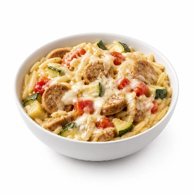 HelloFresh Chicken Sausage Orzotto with Mozzarella Zucchini and Tomato