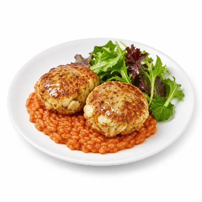 HelloFresh Crab Cakes over Risotto Fra Diavolo with Lemon-Chili Butter and Spring Mix Salad