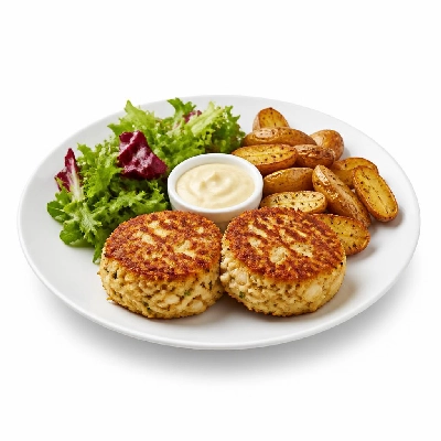 HelloFresh Crab Cakes Under a Meyer Lemon-Dressed Salad with Fingerling Potatoes and Lemon Aioli
