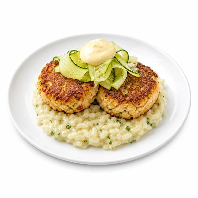HelloFresh Crab Cakes with Tarragon Aioli over Garlic Herb Risotto and Lemony Zucchini Ribbons