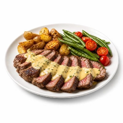 HelloFresh Creamy Bearnaise Rib-Eye Steak with Fingerling Potatoes Sauteed Green Beans and Tomatoes