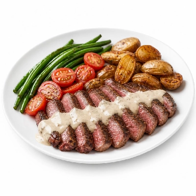 HelloFresh Creamy Bearnaise Strip Steak with Fingerling Potatoes Sauteed Green Beans and Tomatoes
