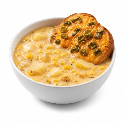 HelloFresh Creamy Corn and Potato Chowder with Poblano Pepper and Cheddar Toasts
