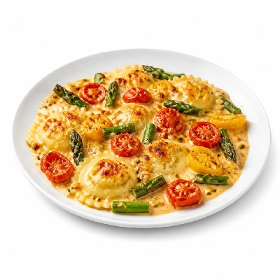 HelloFresh Creamy Lobster Ravioli Gratin with Heirloom Grape Tomatoes and Asparagus