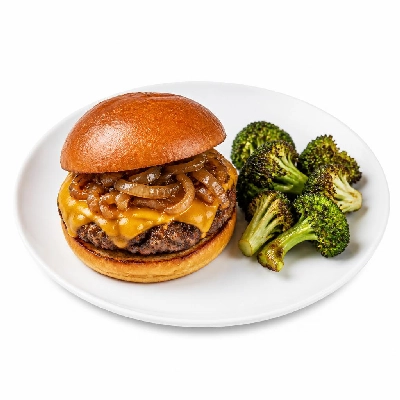 HelloFresh Crispy Cheddar Cheeseburger with Caramelized Onion Jam and Roasted Broccoli