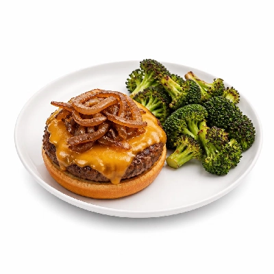 HelloFresh Crispy Cheddar Frico Cheeseburgers with Caramelized Onion Jam and Roasted Broccoli