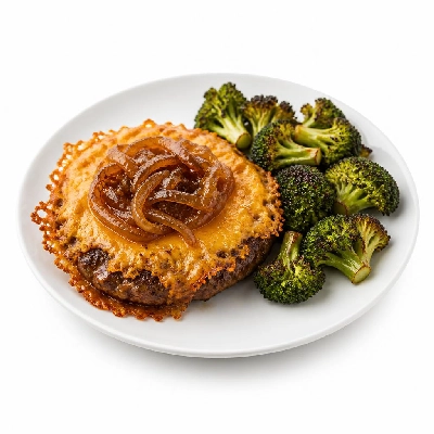 HelloFresh Crispy Frico Cheeseburgers with Caramelized Onion Jam and Roasted Broccoli