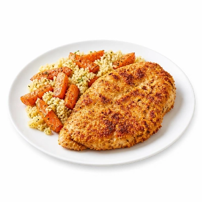 HelloFresh Crispy Parmesan Chicken with Garlic Herb Couscous and Lemony Roasted Carrots