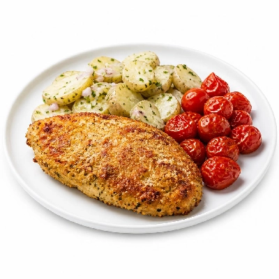 HelloFresh Crispy-Top Parmesan Chicken with Balsamic Potato Salad and Garlic-Roasted Tomatoes