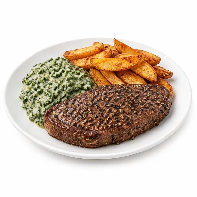 HelloFresh Crushed Peppercorn Steak with Creamed Kale and Potato Wedges