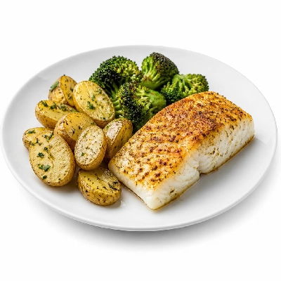 HelloFresh Crusted Dijon Cod with Dilled Fingerling Potatoes and Roasted Broccoli
