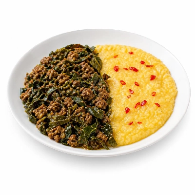 HelloFresh Curried Jamaican Beef & Collard Greens with Spicy Red Chili Creamy Polenta