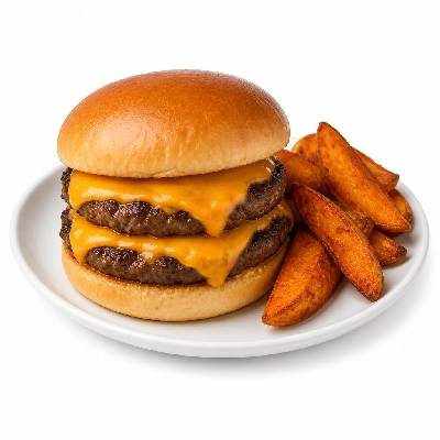 HelloFresh Double Decker Cheddar Burgers with Sriracha Lime Mayo and Sweet Potato Wedges