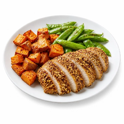 HelloFresh Dukkah-Crusted Chicken with Sweet Potatoes and Snap Peas