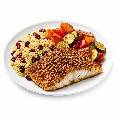 HelloFresh Dukkah-Crusted Cod with Cranberry Couscous and Roasted Veggies