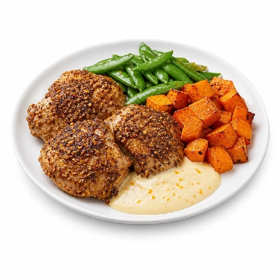 HelloFresh Dukkah-Roasted Chicken with Sweet Potatoes Snap Peas and Citrus Sour Cream
