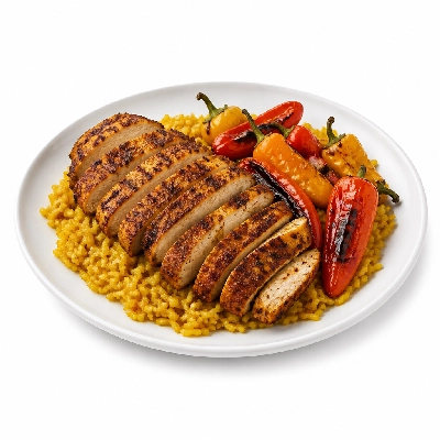 HelloFresh Fajita Chicken Tenders over Yellow Rice with Charred Baby Bell Peppers