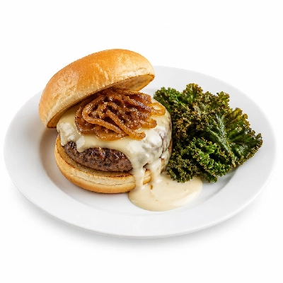 HelloFresh French Onion Burgers with Bechamel Sauce and Kale Chips