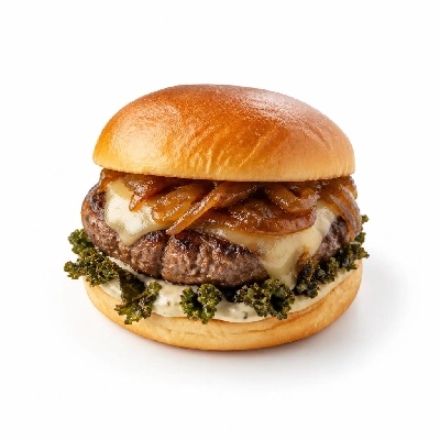 HelloFresh French Onion Soup Burger with Bechamel Caramelized and Kale Chips