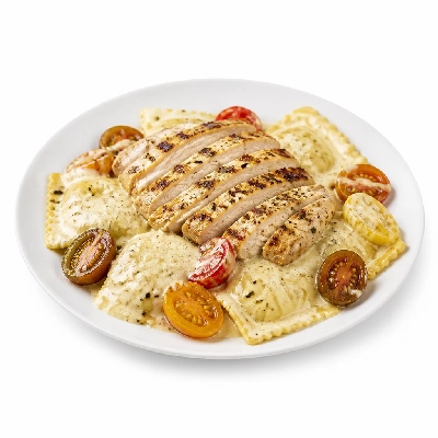 HelloFresh Garlic Herb Chicken over Ravioli with Heirloom Tomatoes and a Two Cheese Sauce