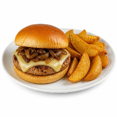HelloFresh Gouda Pork Burgers with Caramelized Sriracha Onion and Potato Wedges
