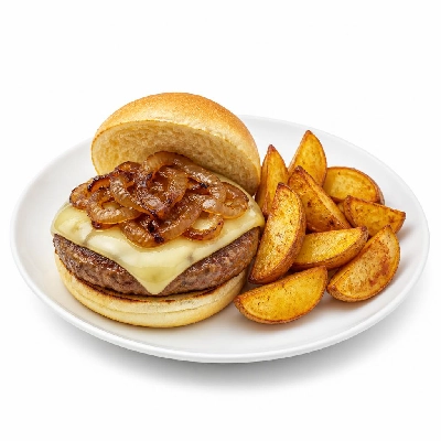 HelloFresh Gouda Pork Burgers with Caramelized Sriracha Onions and Potato Wedges