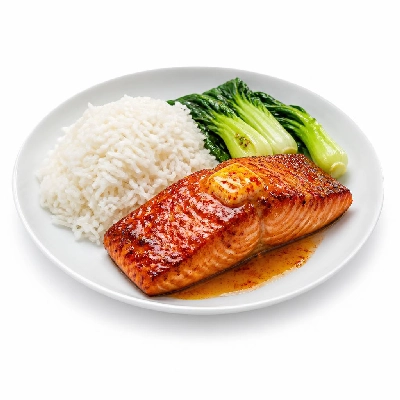 HelloFresh Grilled Sriracha-Glazed Salmon with Jasmine Rice Baby Bok Choy and Spicy Butter