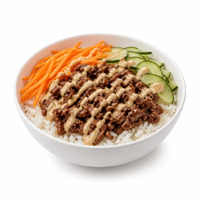 HelloFresh Ground Beef Bulgogi Bowls with Carrots Cucumber and Sriracha Crema over Jasmine Rice