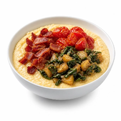 HelloFresh Gussied-up Breakfast Grits Topped with Bacon Roasted Tomatoes and a Spinach Potato Hash