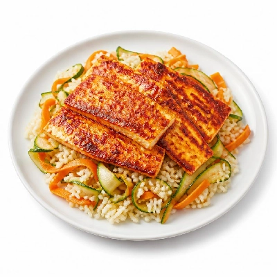 HelloFresh Harissa-Marinated Grilling Cheese with Carrot and Zucchini Ribbons over Rice