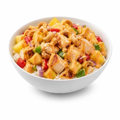 HelloFresh Hawaiian Chicken Poke Bowls with Pineapple Coconut Cashews and Sriracha Lime Cream