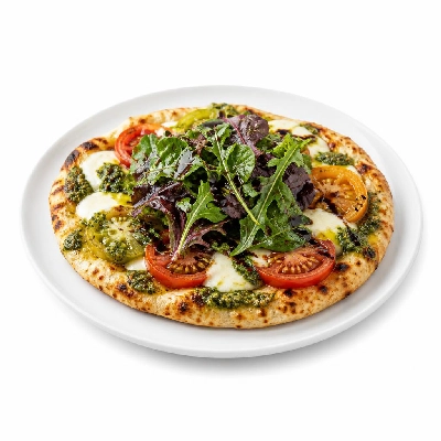 HelloFresh Heirloom Tomato Flatbreads with Pesto Fresh Mozzarella and Balsamic Greens