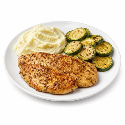 HelloFresh Herbed Chicken Cutlets with Creamy Mashed Potatoes and Roasted Zucchini