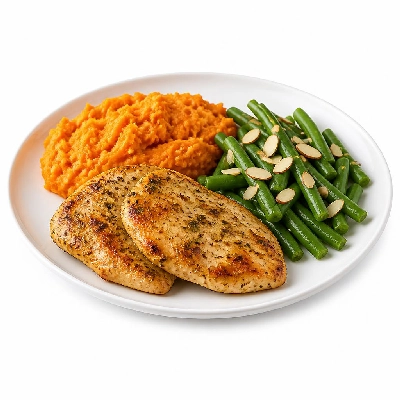HelloFresh Herbed Chicken Cutlets with Sweet Potato Mash and Almond Green Beans