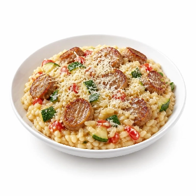 HelloFresh Herby Sausage Risotto with Tomato Parmesan Cheese and Zucchini
