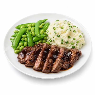 HelloFresh Hoisin Steak Supreme with Snow Peas Edamame and Scallion Mashed Potatoes