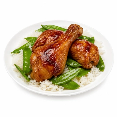 HelloFresh Honey Lemongrass Chicken Legs over Jasmine Rice and Snow Peas