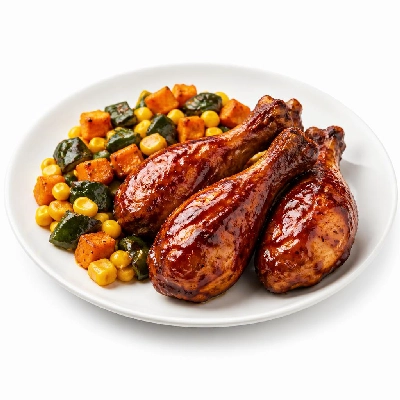 HelloFresh Hot Honey Barbecue Chicken Legs with a Charred Poblano Corn and Sweet Potato Salad